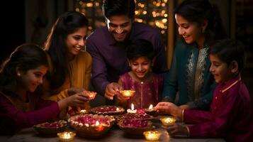 indiano famiglia illuminazione olio lampade e festeggiare diwali, festival di luci a casa foto