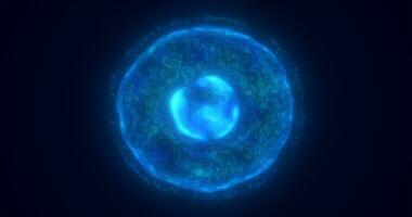 blu energia raggiante sfera futuristico atomo a partire dal elettrico Magia particelle e energia onde sfondo foto