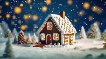 incantevole Pan di zenzero Casa su festivo inverno sfondo - generativo ai foto