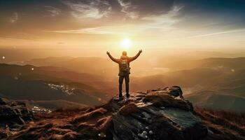 raggiungendo nuovo altezza - successo simboleggiato di umano figura su montagna - generativo ai foto