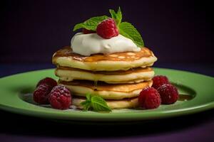 delizioso Pancakes su di legno tavolo con frutta ai generato foto