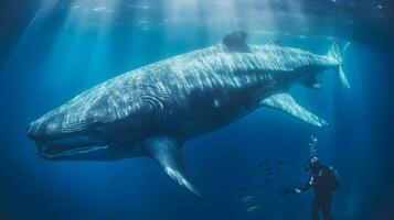 persona immersione con balena nel in profondità blu oceano. ai generato foto