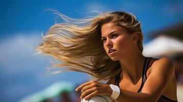 foto di un' donna giocando con un' frisbee su un' bellissimo spiaggia