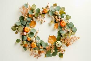 capriccioso autunno ghirlanda con fogliame, fiori, e mini zucche - generativo ai foto
