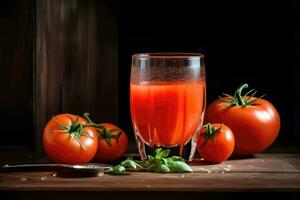 pomodoro succo e maturo pomodori su tavolo - generativo ai foto