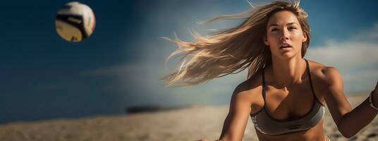 foto di un' donna giocando spiaggia pallavolo nel un' bikini