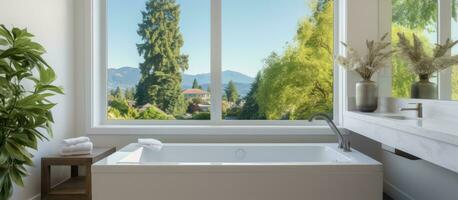 lussuoso casa con maestro bagno con vasca da bagno finestra Visualizza di Camera da letto e albero pieno Quartiere foto