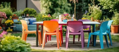 colorato plastica mobilia nel il giardino foto