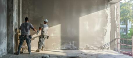 costruzione lavoratori utilizzando cemento gesso per gesso un' edificio parete foto