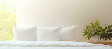 moderno bianca letto e cuscino nel il mattina ambiance foto
