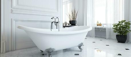 lussuoso bagno con intimo bianca vasca da bagno nel Hotel Camera da letto ornato con un' bianca asciugamano foto
