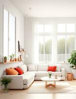 un' bianca divano con arancia cuscini nel un' camera con finestre. generativo ai foto