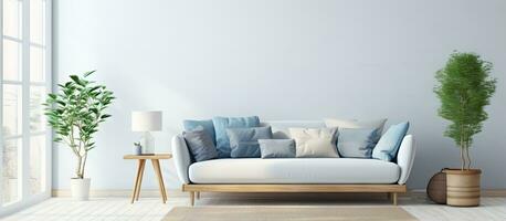 blu scandinavo vivente camera interno con divano su di legno pavimento e arredamento su grande parete bianca paesaggio nel finestra nordico casa interno illustrazione foto