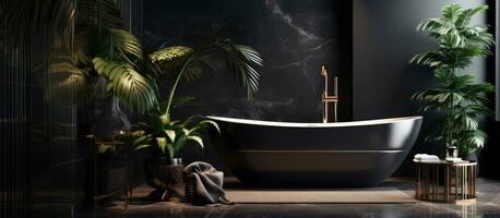 un' lussuoso buio bagno con bicchiere vasca da bagno pianta e nero marmo foto