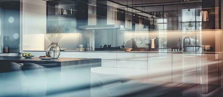 moderno e elegante cucina interno design nel un' sfocato e sfocato foto