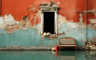 colorato strade, porte, finestre, rosso e blu muri con divano nel vecchio cittadina foto