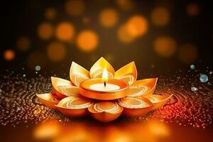 raggiante Diwali - meravigliosamente decorato olio lampada nel bokeh sfondo - generativo ai foto