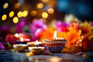 festivo Diwali - meravigliosamente decorato olio lampada con bokeh luci - generativo ai foto
