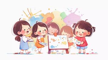 un' gruppo di carino prescolastico ragazza pittura su il parete a il arte classe. figli di libro carino Immagine cartone animato carattere. scuola attività. foto