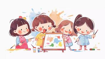 un' gruppo di carino prescolastico ragazza pittura su il parete a il arte classe. figli di libro carino Immagine cartone animato carattere. scuola attività. foto