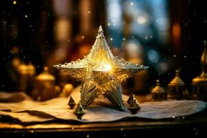 splendente Natale stella su festivo bokeh fondale - generativo ai foto