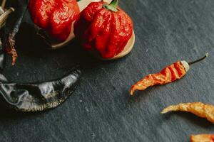 più caldo Pepe nel il mondo. trinidad scorpione macellaio, migliaia di volte Di Più speziato di avana. su nero ardesia sfondo, con naturale luce. speziato buio cibo cibo concetto. foto