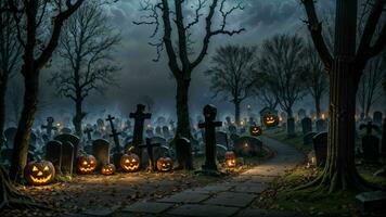 un' spaventoso cimitero Halloween scena ai generato foto