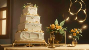 un' celebrazione di diletto con un elegante compleanno torta d'oro ai generato foto