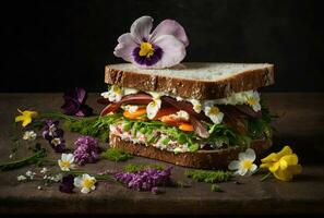 vegetariano Sandwich con fiori, erbe aromatiche e la verdura, primavera cibo arte. generativo ai foto