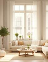 un' bianca divano con arancia cuscini nel un' camera con finestre. generativo ai foto