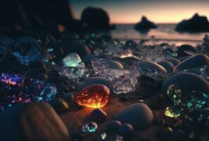 bicchiere pietre su magico spiaggia, tramonto, crepuscolo e mare. generativo ai foto