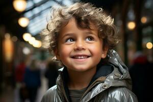 un' giovane ragazzo con Riccio capelli sorrisi a il telecamera generativo ai foto