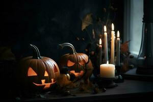 Halloween zucche e candele su legna pavimento nel buio interno foto