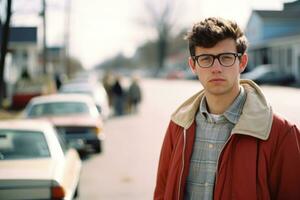 un' giovane uomo indossare bicchieri e un' rosso giacca in piedi su un' strada generativo ai foto