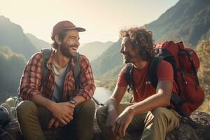 Due amici escursioni a piedi nel montagne, parlando e ridendo. ai generativo foto