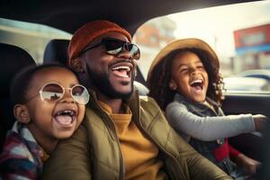 contento africano americano famiglia di padre e bambini godendo strada viaggio insieme, ai generativo foto