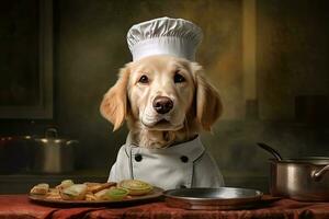 carino cane d'oro cane da riporto capocuoco con costume pronto per cucinando per cena nel cucina camera, divertente momento, ingrediente per cucinando, animale domestico concetto, con generativo ai. foto