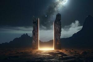 astratto portale pietra cancello con neon raggiante leggero nel il buio spazio paesaggio di cosmico, roccioso montagna pietra campo, spettro leggero effetto, con generativo ai. foto