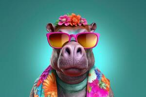 astratto animale ippopotamo ritratto con colorato afro capelli indossare occhiali da sole nel Hawaii vestito tema, vivace luminosa gradienti sfondo, con generativo ai. foto