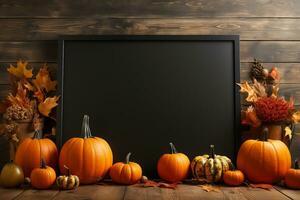 nero menù tavola con autunno decorazioni con un' cartello modello e zucche 3d illustrazione foto
