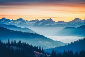 colorato Doppio esposizione di tatra montagne a Alba visualizzazione minimalista scenario migliorata con colore gradienti foto