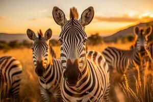 mandria di zebre pascolo nel alto erba durante un' estate tramonto un' natura scena nel natura foto