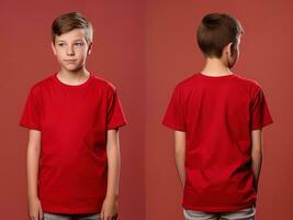 davanti e indietro visualizzazioni di un' poco ragazzo indossare un' rosso maglietta. ai generato foto