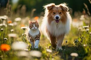 un' soffice gatto e un' contento cane passeggiare attraverso un' soleggiato primavera prato foto