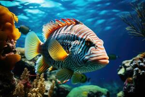 luminosa colorato pesce su corallo scogliera sott'acqua, ai generato foto