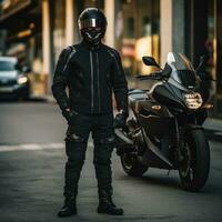 uomo indossare motociclo Ingranaggio e casco, ai generato foto