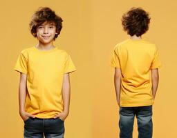 davanti e indietro visualizzazioni di un' poco ragazzo indossare un' giallo maglietta. ai generato foto