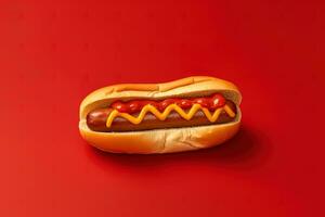 caldo cane con mostarda e ketchup isolato su un' rosso sfondo. ai generato foto