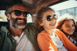 contento famiglia di padre e bambini godendo strada viaggio insieme, ai generativo foto