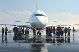 folla di persone imbarco il aereo, ai generato foto